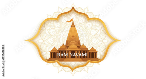 Golden illustration of a temple with a flag on top, surrounded by a decorative border, for Ram Navami festival in India