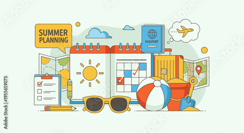 People plan summer vacation with travel accessories and calendar