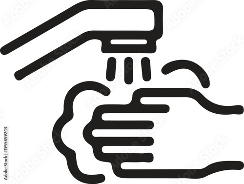 A minimalist black and white line art icon showing a hand being washed under a running water tap