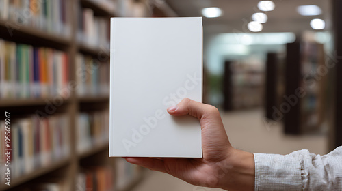 Wallpaper Mural Person holds blank white book in library, close focus on hand and book, shelves of colorful literature blur in background for creative mock-up Torontodigital.ca