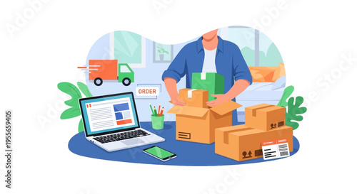 E-commerce Order Fulfillment: Man Packing Boxes for Online Delivery with Laptop