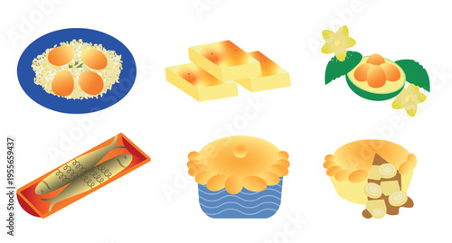 Set of traditional food from Goias Brazil: Mane Pelado, Peixe na Telha, Empadao and Pequi rice