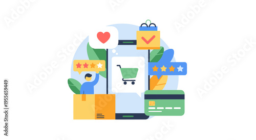 Online Shopping Experience with Customer Reviews, Delivery, and Secure Payment on Smartphone. E-commerce Mobile App Interaction.