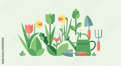 Gardening tools and flowers arranged on a table outdoors in a garden