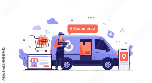 E-commerce Online Delivery Service with Logistics Van, Courier, Digital Storefront, Shopping Cart, and Mobile Tracking