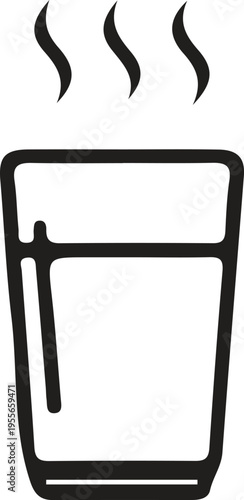 A simple black and white line art illustration of a hot cup of tea or coffee in a glass tumbler