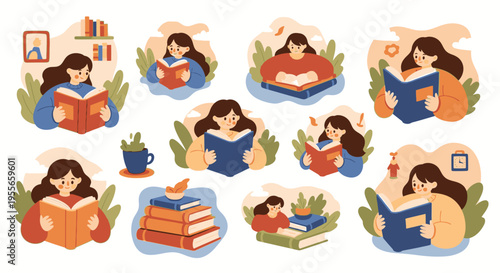 Women reading books in various cozy settings with plants and coffee