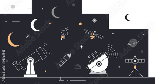 Astronomers observe celestial objects at night using various telescopes and satellites in space.