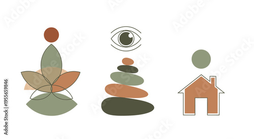 A serene scene featuring a house, an eye, and a balanced stone structure with a lotus flower and spheres in earthy tones.
