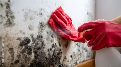 Wallpaper Mural Person in red protective gloves cleans extensive black mold growth from a white wall, using a spray bottle and cloth to remove fungus and grime Torontodigital.ca