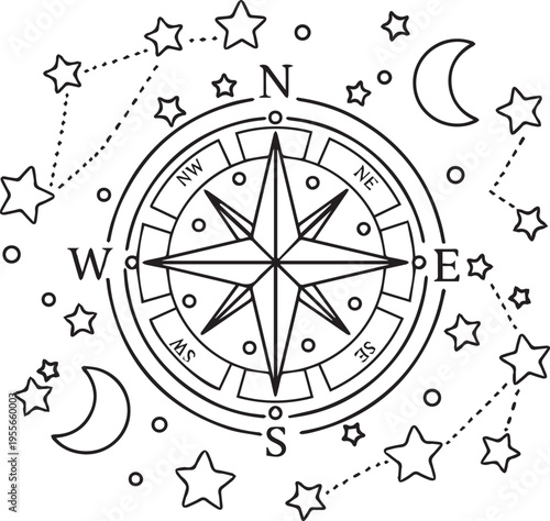 A celestial navigation compass with stars and moon phases