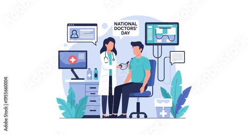 Illustration of a doctor and patient celebrating National Doctor's Day in a medical office with a heart on the screen
