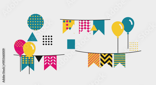 Vibrant party decorations hang with colorful balloons at a festive outdoor celebration event