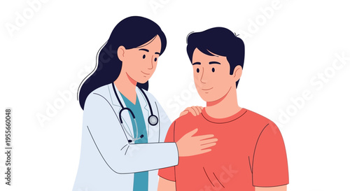A female doctor in a white coat reassures a concerned male patient with a gentle hand on his shoulder in a simple, flat illustration with a calming and professional mood