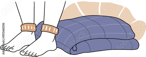 Linear style illustration of feet resting on a fluffy blanket with a croissant, in a cozy indoor setting, hand drawn style on a transparent background