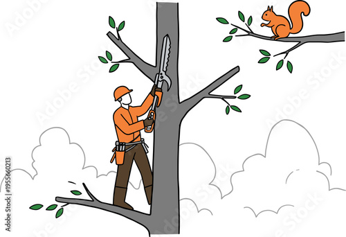 Linear style illustration of a tree trimmer working among leaves with a squirrel watching from a branch on a transparent background