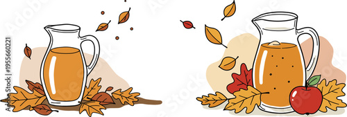 Linear style illustration of two pitchers of fruit juice surrounded by autumn leaves on a transparent background