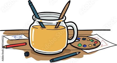 Linear style illustration of a jar with paint and brushes on a wooden table with colorful palettes, isolated on a transparent background, hand drawn style