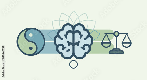 A brain with a yin yang symbol and scales represents balance and harmony in thought and decision making.