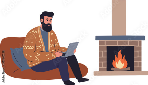 Linear style illustration of a man sitting on a couch using a laptop by a fireplace in a cozy indoor living room on a transparent background