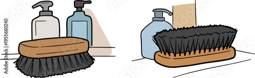 Linear style illustration of grooming products with brushes and bottles on a black background, featuring unique details and a hand drawn style