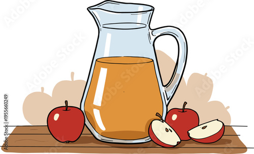 Linear style illustration of a glass pitcher filled with apple juice and red apples on a wooden table with a minimalistic background