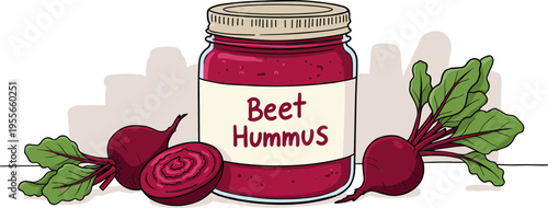 Linear style illustration of beet hummus in a jar with beet roots on a transparent background, hand drawn style, colorful, artistic design, fresh ingredients