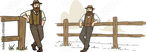 Linear style illustration of two men in hats leaning against a wooden fence in a rural setting, isolated on a transparent background