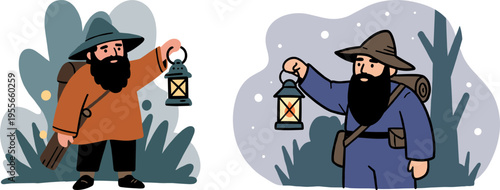 Linear style illustration of two bearded men holding lanterns in the forest during night, featuring hand drawn style with bold colors and soft lighting on a transparent background