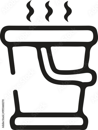 A simple black and white line art icon depicting a steaming hot bucket filled with warm liquid