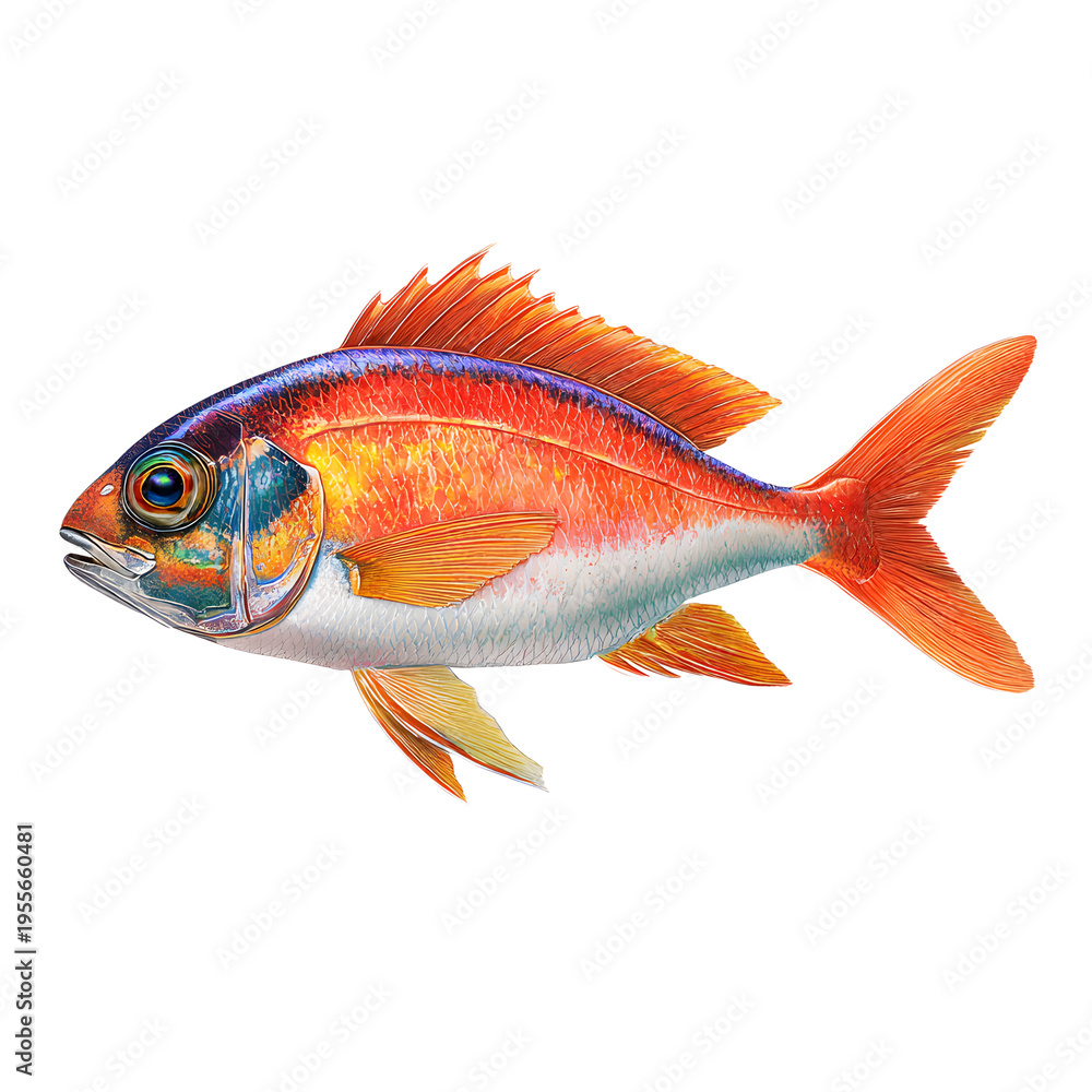 Fototapeta premium Vibrant colorful fish swimming against a black background showcasing its detailed scales and fins 
