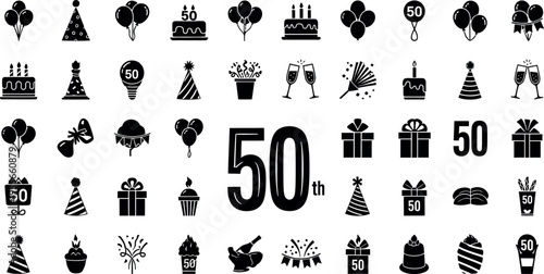 Black and white clip art images of birthday icons and symbols for 50th birthday celebrations and decorations