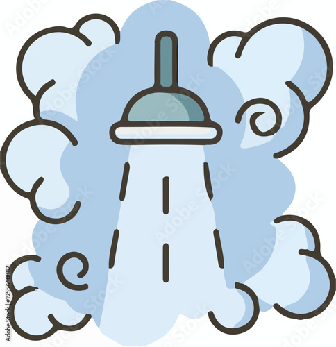 A stylized vector illustration of a shower head releasing a refreshing stream of water and steam