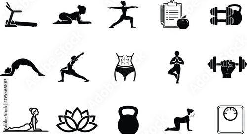Black silhouettes of people doing yoga and exercising with fitness equipment icons
