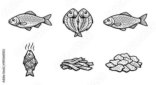 Various fish and seafood items arranged on dark background