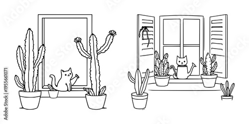 Cactus set with continuous one line drawing of a cute cactus, cat, and watering can on a window sill featuring black and white, line art, illustration with plants and home decor