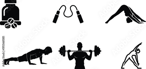 Black silhouettes of people exercising with dumbbells and jump rope and pills