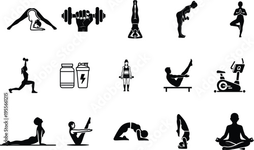 Black silhouettes of people exercising with gym equipment on white background