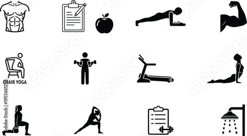 fitness icons with people exercising and healthy living symbols