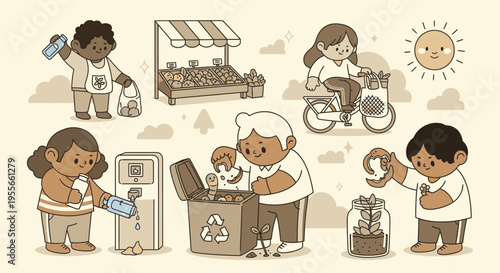 Children engage in eco-friendly activities recycling and collecting waste outdoors on a sunny day