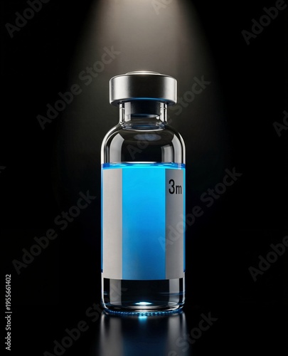 Elegant Medical Glass Vial with Glowing Electric Blue Serum on Dark Black Background Portrait