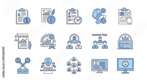 Business strategy marketing icons on screen.