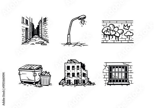 Abandoned urban scenes showing decay and vandalism in alley setting