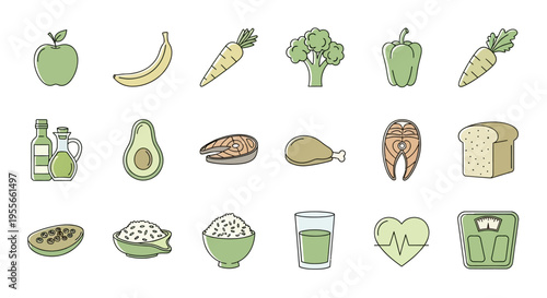 Healthy food icons for nutrition guide.