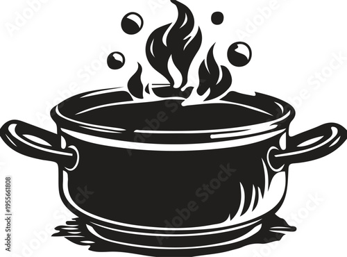 Black and white illustration of a cooking pot with rising steam bubbles and stylized hot flames