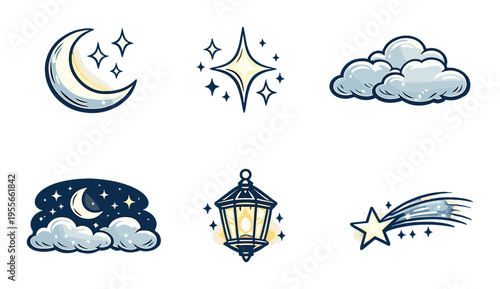 Night icons arranged in two rows on dark gradient background