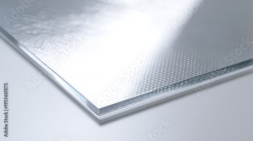 Industrial metal sheets with patterned texture and smooth surface, stacked together showing metallic sheen and detailed material quality close up