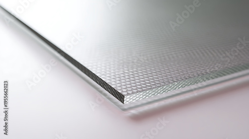 Close up view of translucent textured glass sheet with diamond pattern, reflecting light for clear, modern, and minimalist design concepts