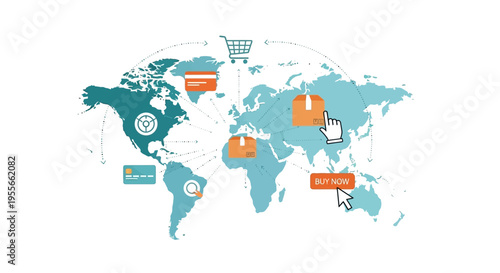 Worldwide E-commerce Network Illustration: Online Shopping, Global Delivery, Payment, and Logistics Concept