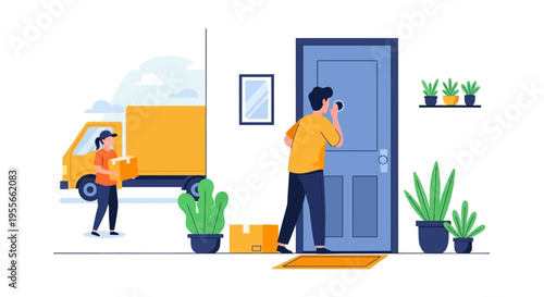 Home Package Delivery Service: Courier with Truck Delivers Parcel to Customer's Doorstep